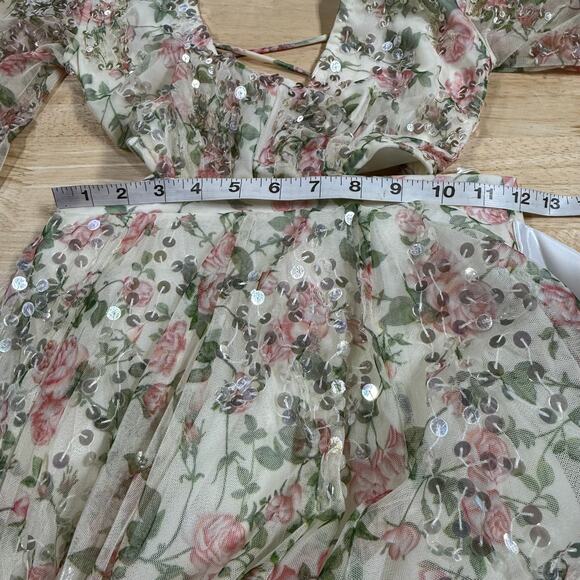 Mac Duggal NWT Sequined Floral Print Cut Out Lace Up Gown Size 0 Plunge Neck - Picture 10 of 11